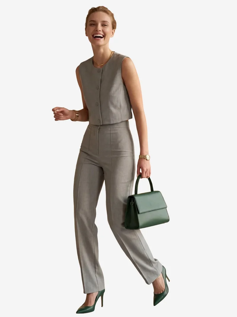 ماي فاشن MY FASHION Crew Neck Crop Vest & High Waist Pants Two-Piece Set